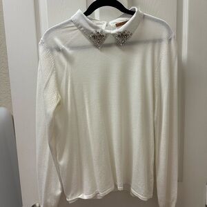 Embellished White Collared Women's Top